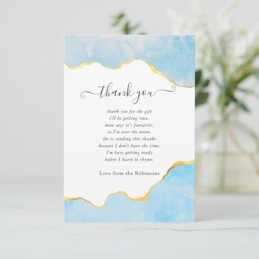 赤ちゃんブルーと金ゴールドアガテボーイベビシャワー サンキューカード (スタンド正面)