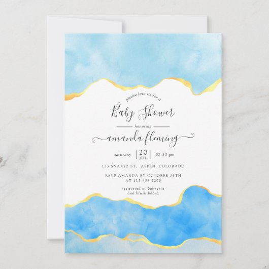 赤ちゃんブルーと金ゴールドアガテボーイベビシャワー 招待状 (正面)