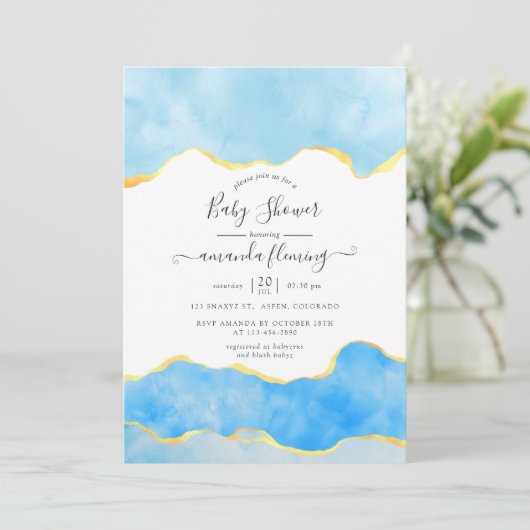 赤ちゃんブルーと金ゴールドアガテボーイベビシャワー 招待状 (スタンド正面)