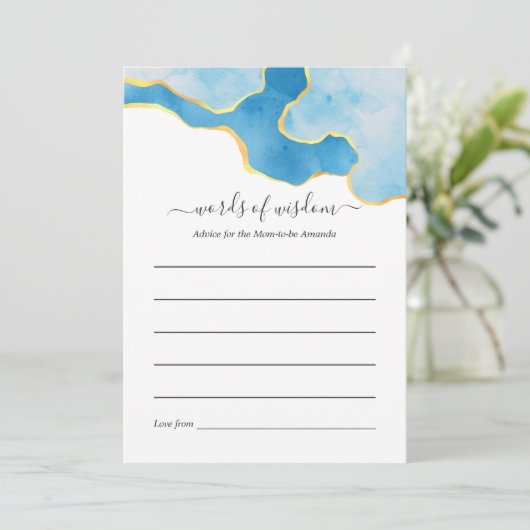 赤ちゃんブルーと金ゴールドアゲイト男の子のシャワーゲーム アドバイスカード (スタンド正面)