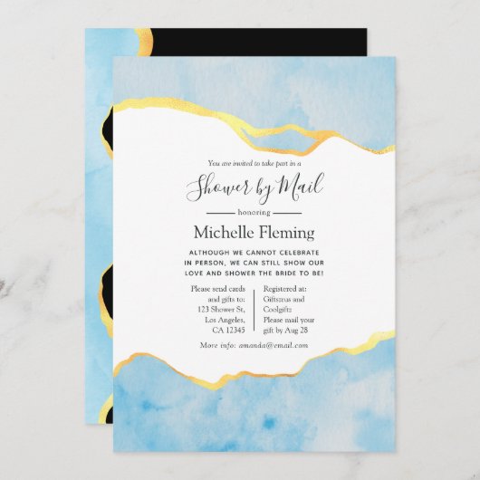 赤ちゃんブルーと金ゴールドアゲイト男の子のシャワー(郵便) 招待状 (正面/裏面)