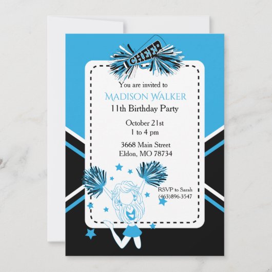 赤ちゃんブルーのチアリーダー誕生日パーティー 招待状 (正面)