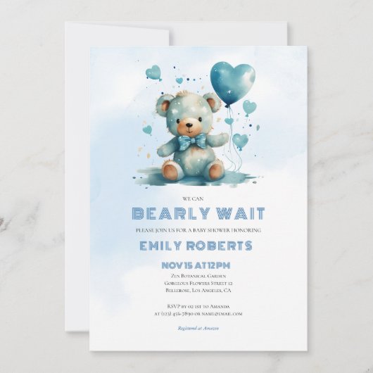 赤ちゃんブルーのテディベアを待つことができる サンキューカード (正面)