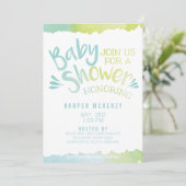 赤ちゃんブルーの水彩ベビーシャワー 招待状 (スタンド正面)