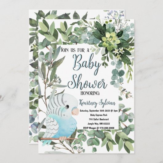 赤ちゃんブルーインパレークバードウォーター色ベビーシャワー 招待状 (正面/裏面)