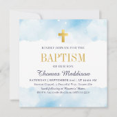 赤ちゃんブルーウォーターの色の雲金ゴールドクロスバプテスマ 招待状 (正面)