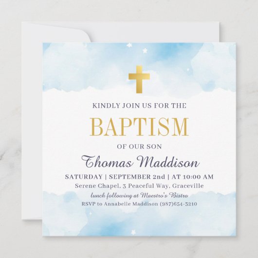 赤ちゃんブルーウォーターの色の雲金ゴールドクロスバプテスマ 招待状 (正面)