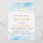 赤ちゃんブルーウォーターの色の雲金ゴールドクロスバプテスマ 箔招待状 (正面)