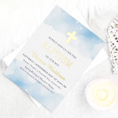 赤ちゃんブルーウォーターの色の雲金ゴールドクロスバプテスマ 箔招待状