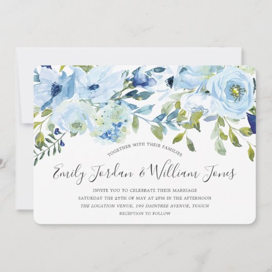 赤ちゃんブルーウォーターカラーフラワーウィンターウェディング 招待状 (正面)