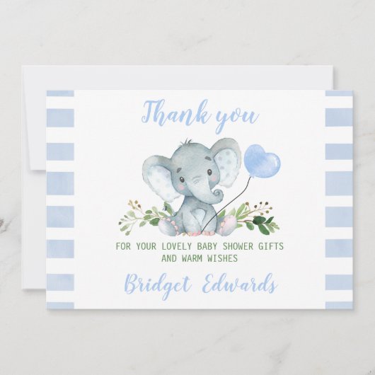赤ちゃんブルーエレファントありがとう赤ちゃんシャワーカード 招待状 (正面)