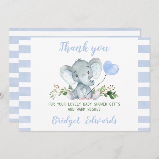 赤ちゃんブルーエレファントありがとう赤ちゃんシャワーカード 招待状 (正面/裏面)
