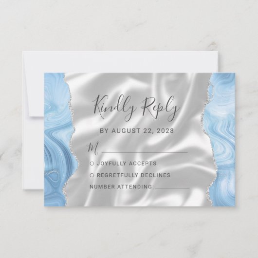 赤ちゃんブルーシルバー瑪瑙ホワイトシルク結婚ズ 出欠カード (正面)