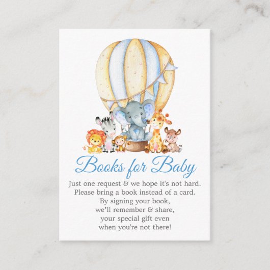 赤ちゃんブルーバルーンシャワー用のサファリ動物の本 エンクロージャーカード (正面)