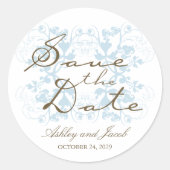 赤ちゃんブルーフローラ花盛り結婚式日付を保存 ラウンドシール (正面)