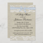 赤ちゃんブルーボウシャワーとカントリーレースとバーラップ 招待状 (正面/裏面)