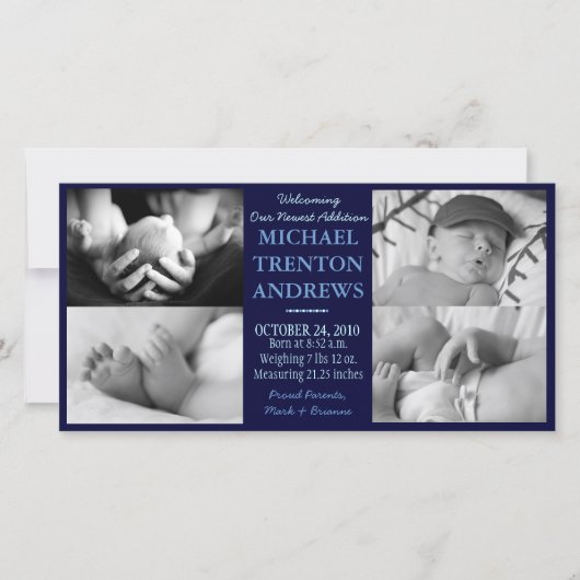 赤ちゃんブルー出産発表コラージュ(男の子) 案内状 (正面)