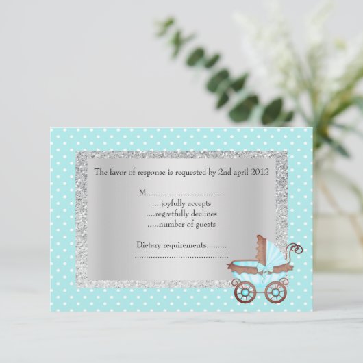 赤ちゃんブルー水玉模様pram rsvp改訂済み新規 出欠カード (スタンド正面)