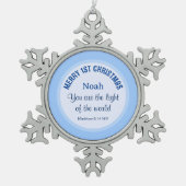 赤ちゃんブルー1stクリスマスクリスバイブル聖書名 スノーフレークピューターオーナメント (正面)