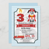 赤ちゃんブルー&レッド消防士キッズバースデーパーティー 招待状 (正面/裏面)