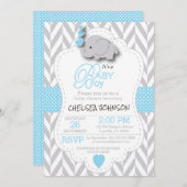 赤ちゃんブルー，白い灰色の象🐘赤ちゃんシャワー 招待状 (正面/裏面)