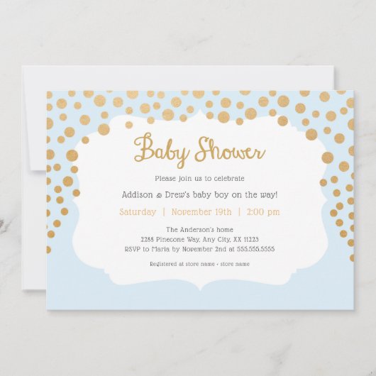 赤ちゃんブルー+金ゴールドフェイク男の子シャワー 招待状 (正面)