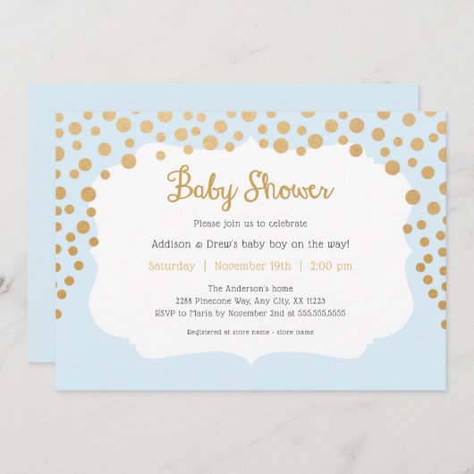 赤ちゃんブルー+金ゴールドフェイク男の子シャワー 招待状 (正面/裏面)