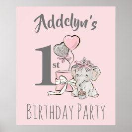 赤ちゃんプリンセス象の女の子 ピンク グレー 1歳の誕生日 ポスター