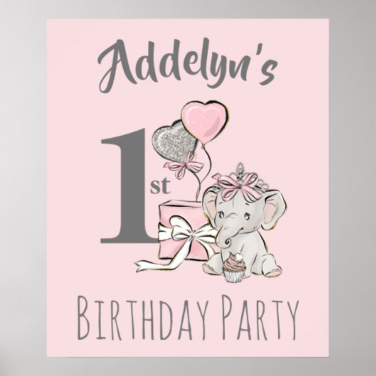 赤ちゃんプリンセス象の女の子 ピンク グレー 1歳の誕生日 ポスター (正面)