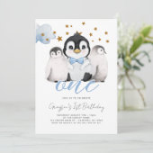 赤ちゃんペンギンの子供の1歳の誕生日パーティーの招待状 招待状 (スタンド正面)