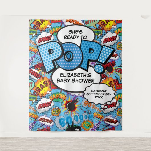 赤ちゃんポップ・アートののシャワーの青い背景 タペストリー (正面)