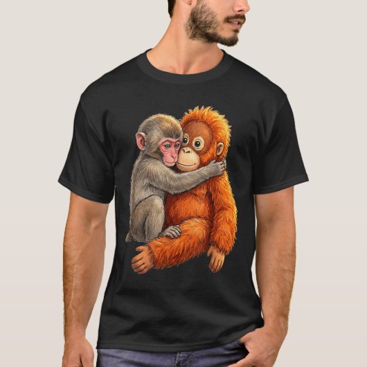 赤ちゃんマカクが抱きしめるかわいい猿のぬいぐるみ Tシャツ (正面)