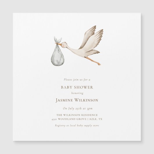 赤ちゃんミニマルシャワー水彩コウノトリ マグネット招待状 (正面)