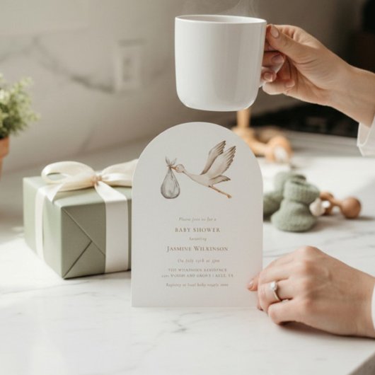 赤ちゃんミニマルシャワー水彩コウノトリ 招待状