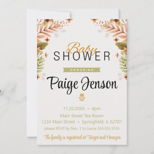 赤ちゃんモダンのシャワー緑と茶色の植物学 招待状 (正面)
