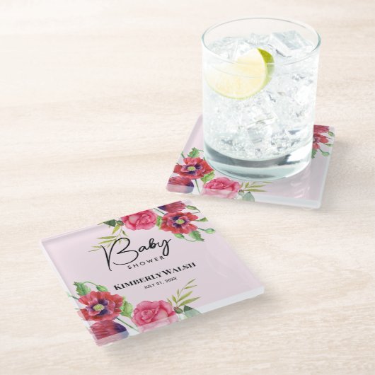 赤ちゃんモダンシャワー赤ピンクの花と淡いピンク ガラスコースター (アングル)