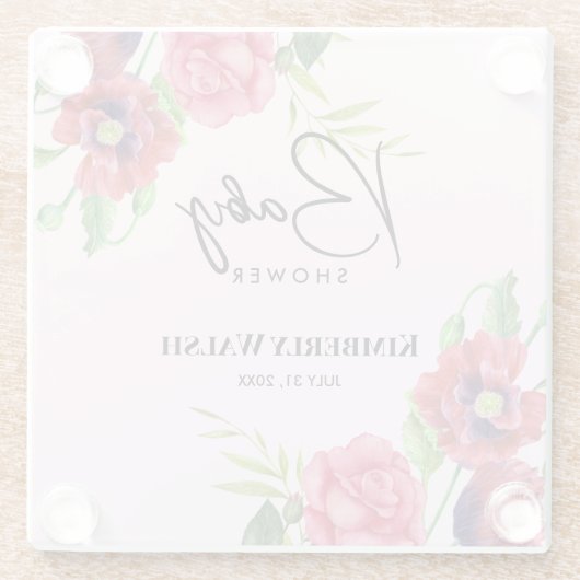 赤ちゃんモダンシャワー赤ピンクの花と淡いピンク ガラスコースター (裏面)