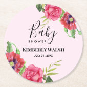 赤ちゃんモダンシャワー赤ピンクの花と淡いピンク ラウンドペーパーコースター (正面)