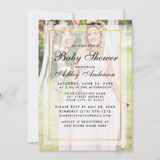 赤ちゃんモダンシャワー金ゴールドピンクのオーバーレイ写真 招待状 (正面)