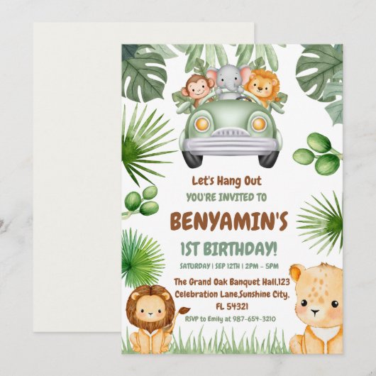 赤ちゃんライオンと一緒に遊ぼう ファーストバースデー 緑の草原で 招待状 (正面/裏面)