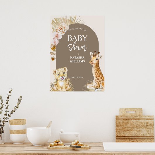 赤ちゃん動物の茶色の赤ちゃんシャワー歓迎サイン ポスター (キッチン)
