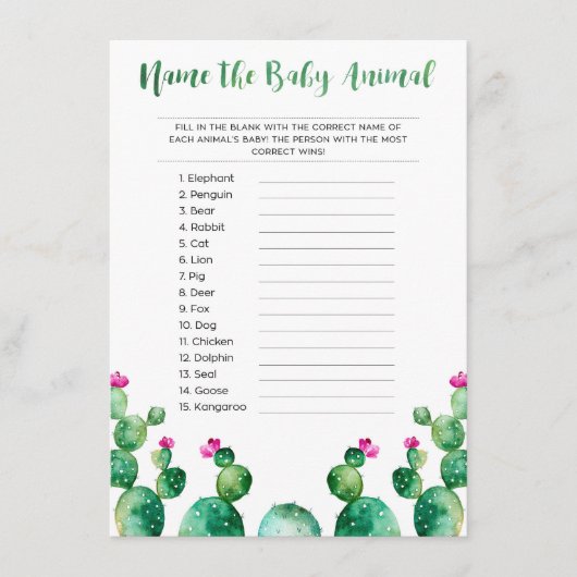 赤ちゃん動物の赤ちゃんシャワーゲームカードに名前を付ける エンクロージャーカード (正面)