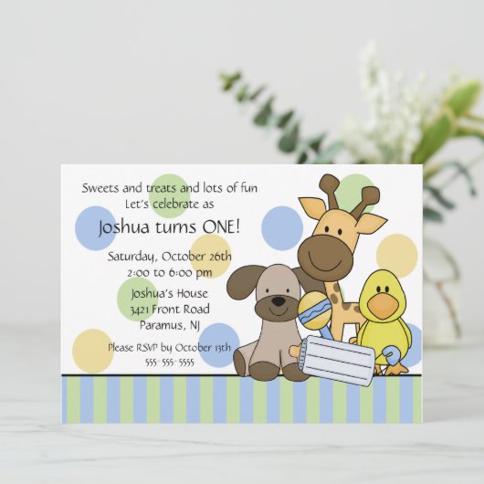 赤ちゃん動物の1歳の誕生日パーティの招待状 招待状 (スタンド正面)