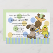 赤ちゃん動物の1歳の誕生日パーティの招待状 招待状 (正面/裏面)