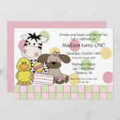 赤ちゃん動物の1歳誕生日ガール招待状 招待状 (正面/裏面)