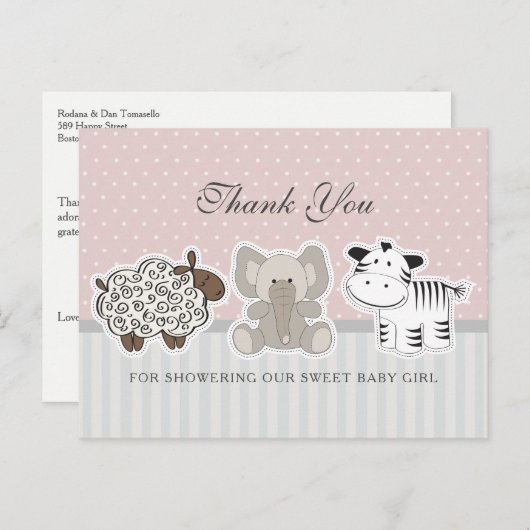 赤ちゃん動物ピンク赤ちゃんシャワーありがとう ポストカード (正面/裏面)