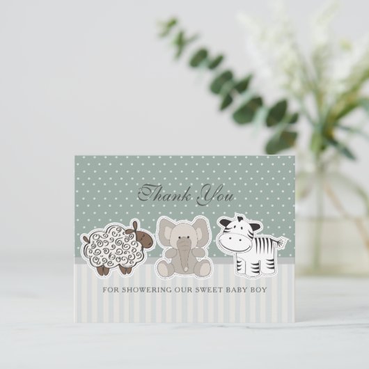 赤ちゃん動物緑の赤ちゃんシャワーありがとう ポストカード (スタンド正面)
