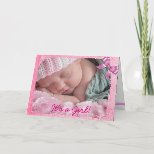 赤ちゃん女のピンクのおじぎ出産案内 案内状 (正面)