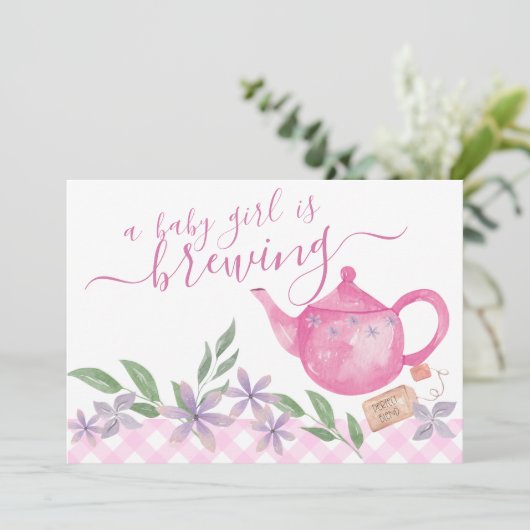 赤ちゃん女の子が醸造3写真かわいいティーポット妊娠 案内状 (スタンド正面)