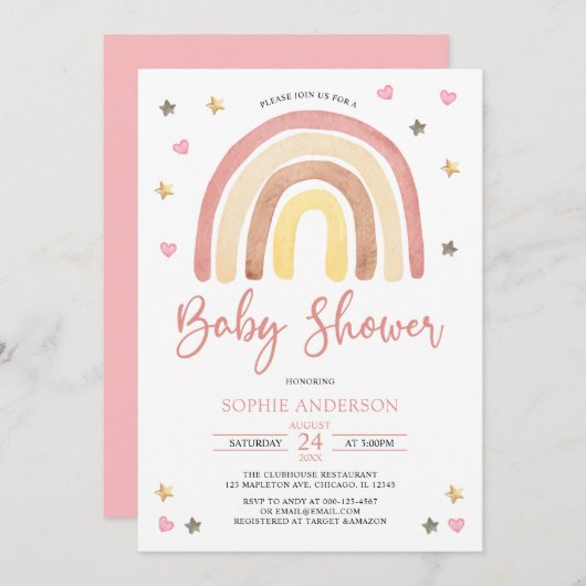 赤ちゃん女の子が音を消したボホレインボーシャワー 招待状 (正面/裏面)